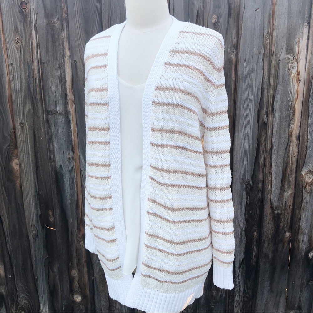 LOFT Size M Long White Cream and Gold Striped Cardigan Sweater NWOT